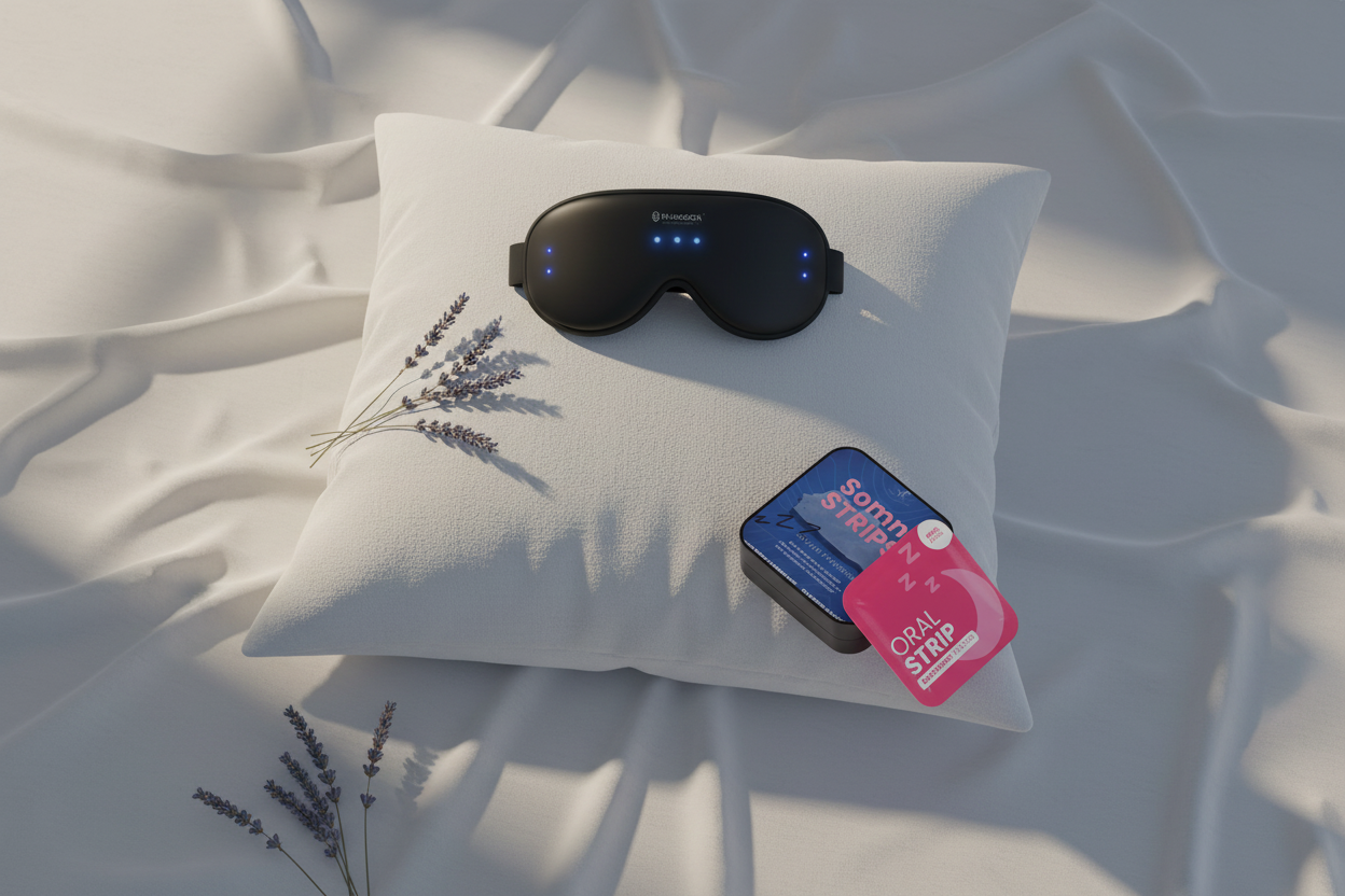 Oreiller, masque de nuit et Somnistrips - décor nuit