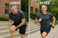 Photo réaliste avant/après d'un sportif retrouvant sa mobilité