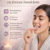 tableau descriptif de la bandelette orale somnistrips avec femme qui pose la bandelette orale sur la langue